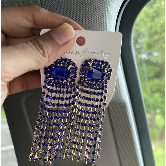 royal blue earrings , long fringe blue crystal long chandelier gold earrings - Picture 3 of 6